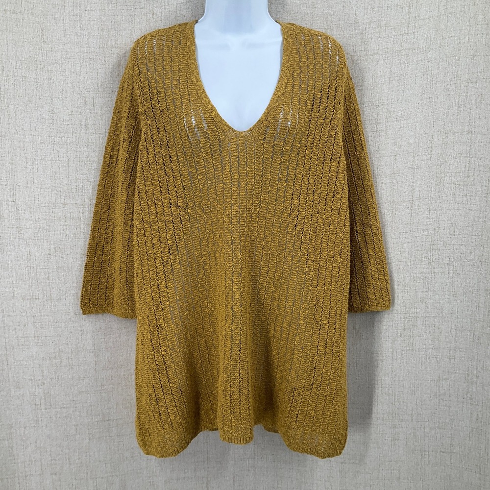 J. Jill Sweater Women XL Mustard Yellow Cotton Open Knit‎ V-Neck Tunic Classic